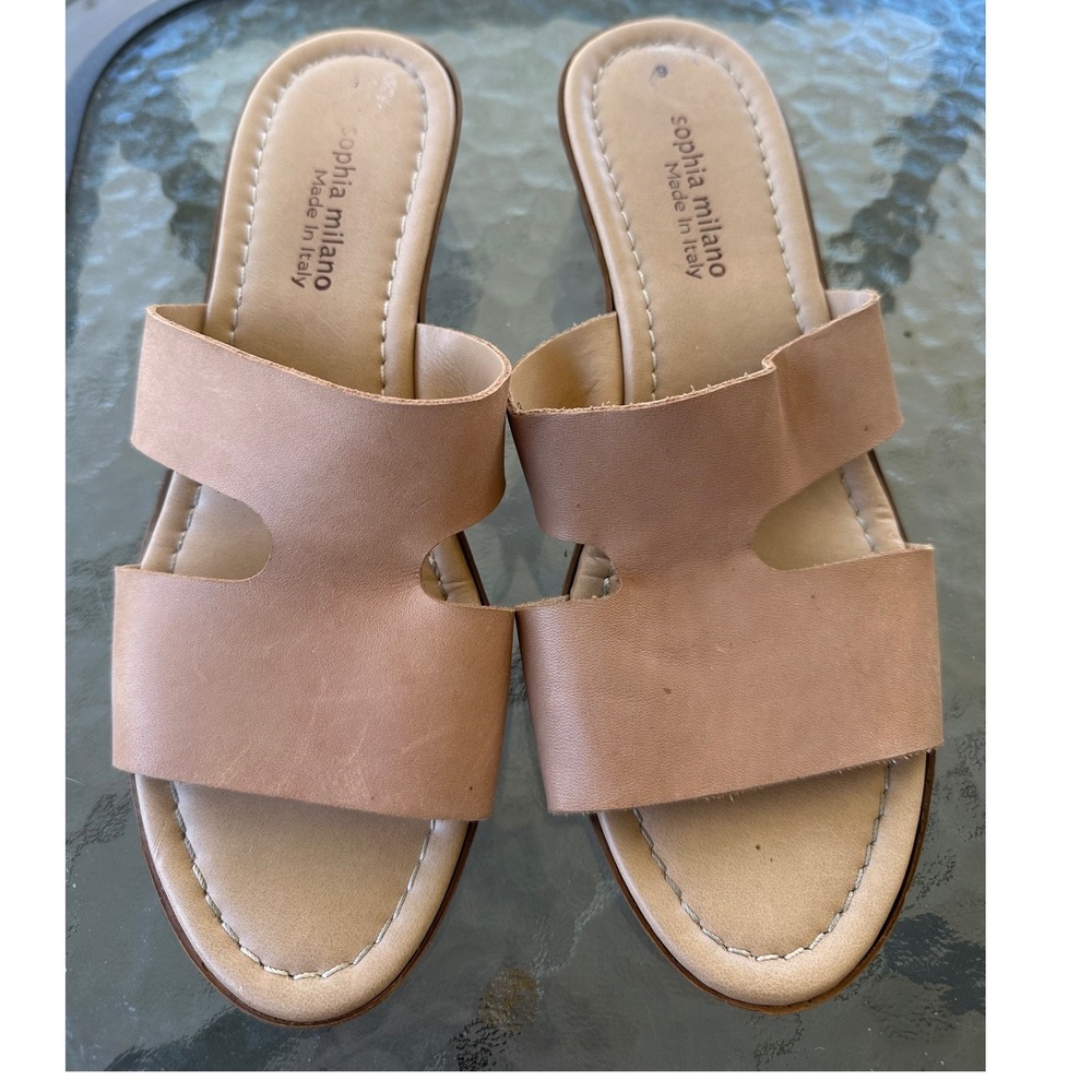 Sophia Milano Tan Leather Wedge Slide Sandals Made in‎ Italy Womens Size 9